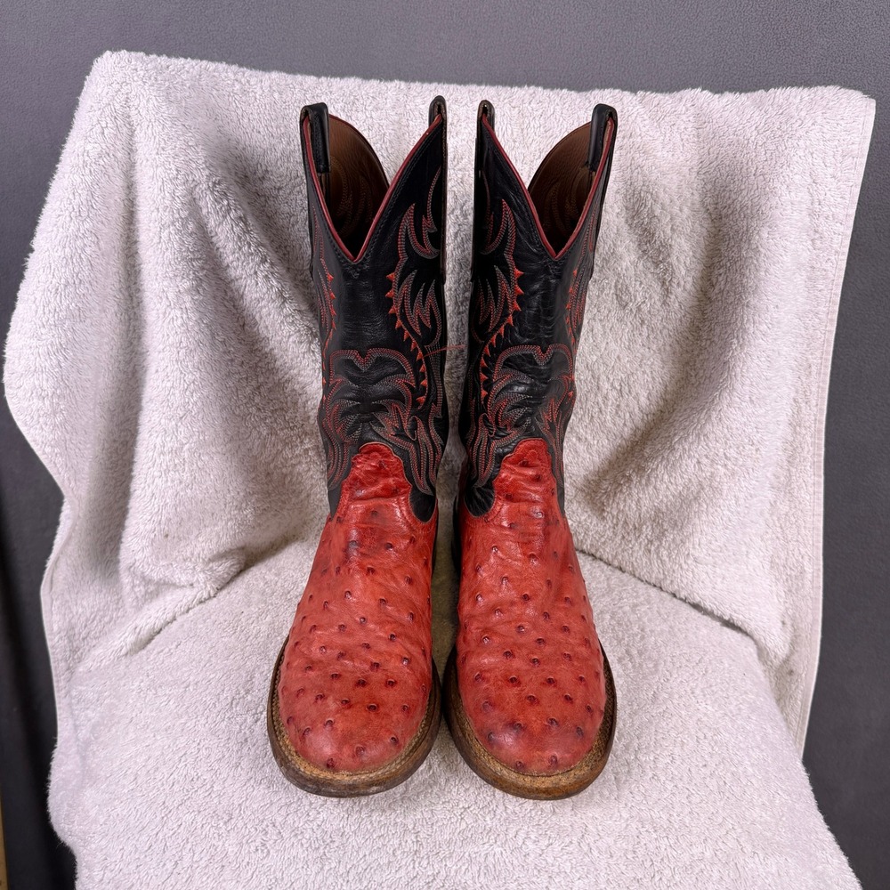 Nocona Womens Cowboy Boots 6 B Full Quill Ostrich Exotic‎ Red Black USA Made - Picture 2 of 16